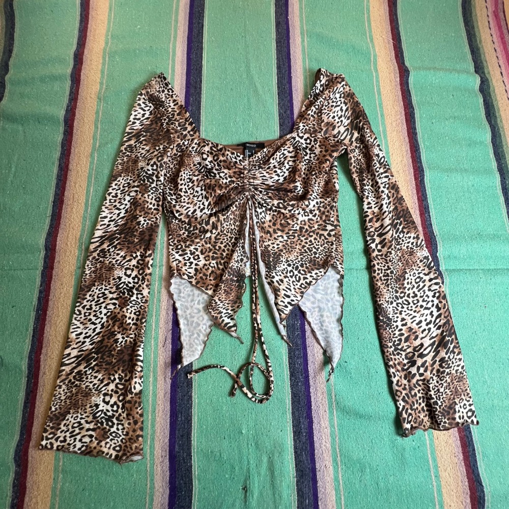 Forever 21 Leopard Print Mesh Top Womens Medium Brown Ruched Handkerchief Hem